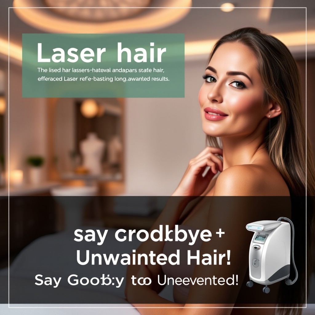 A sleek and modern advertisement for laser hair removal services, featuring a confident woman with smooth, hair-free skin