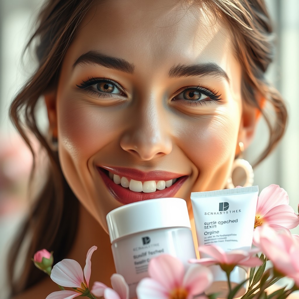 A visually striking facial advertisement featuring a close-up of a radiant woman with flawless skin