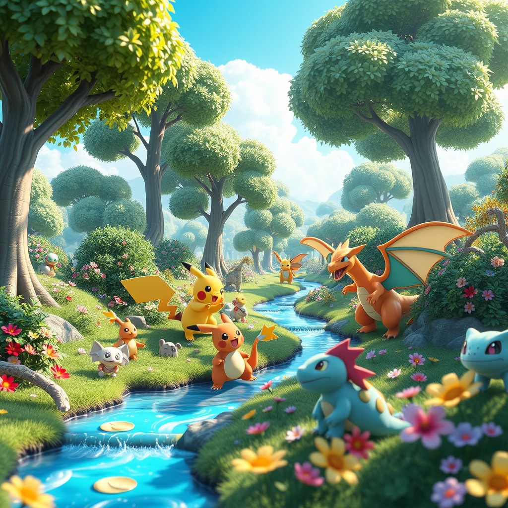 A vibrant 3D scene depicting various Pokémon in an enchanting landscape