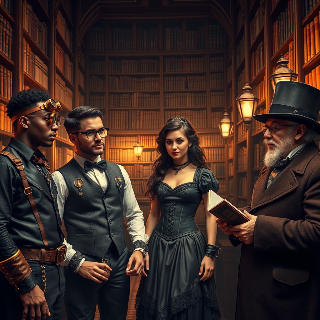 A group of four steampunk individuals gathered in a grand, old library filled with towering bookshelves and vintage decor