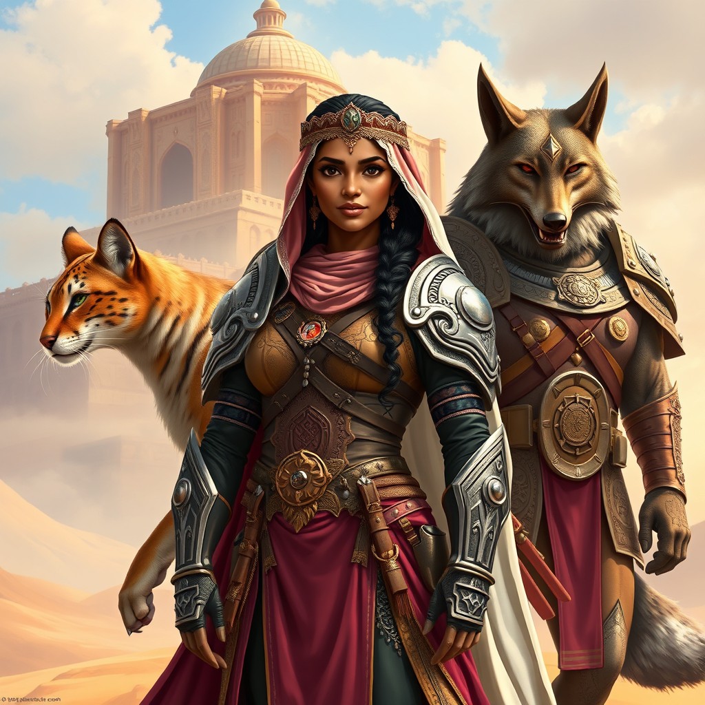 A strong and beautiful woman from the Kingdom of Saudi Arabia, featuring dark brown skin and dressed in an intricate princess warrior outfit, complete with elegant armor and flowing fabrics