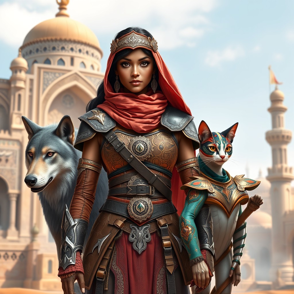 A powerful woman with dark brown skin, representing a princess warrior from the Kingdom of Saudi Arabia