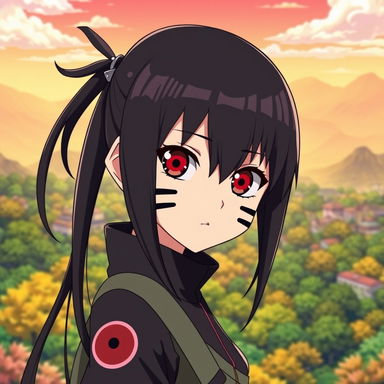 An anime girl with long, sleek black hair and vibrant Sharingan eyes, featuring the distinctive red color with the black tomoe pattern