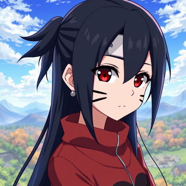 An anime girl with long, sleek black hair and vibrant Sharingan eyes, featuring the distinctive red color with the black tomoe pattern