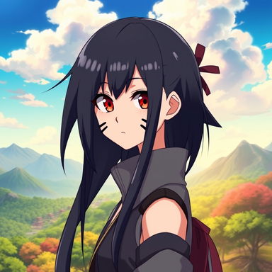 An anime girl with long, sleek black hair and vibrant Sharingan eyes, featuring the distinctive red color with the black tomoe pattern