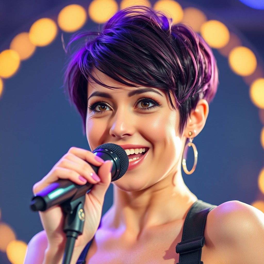 A Caucasian woman with striking brown eyes and short, stylish dark purple hair passionately singing into a microphone