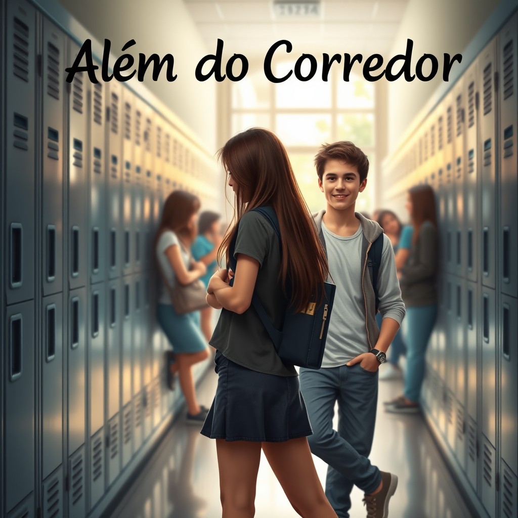 A realistic book cover design for a teenage romance titled 'Além do Corredor'