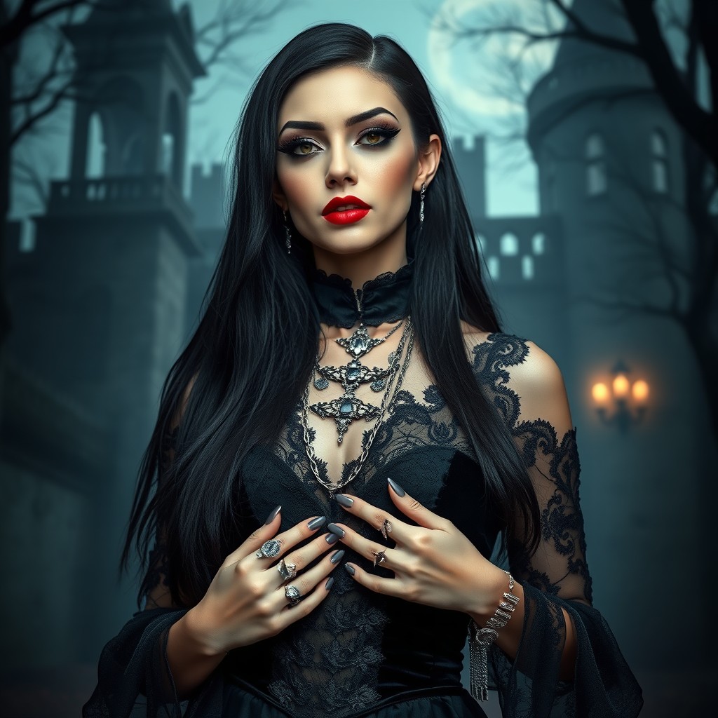 A gothic femboy, dressed in dark, elegant clothing, with layered black lace and velvet fabrics