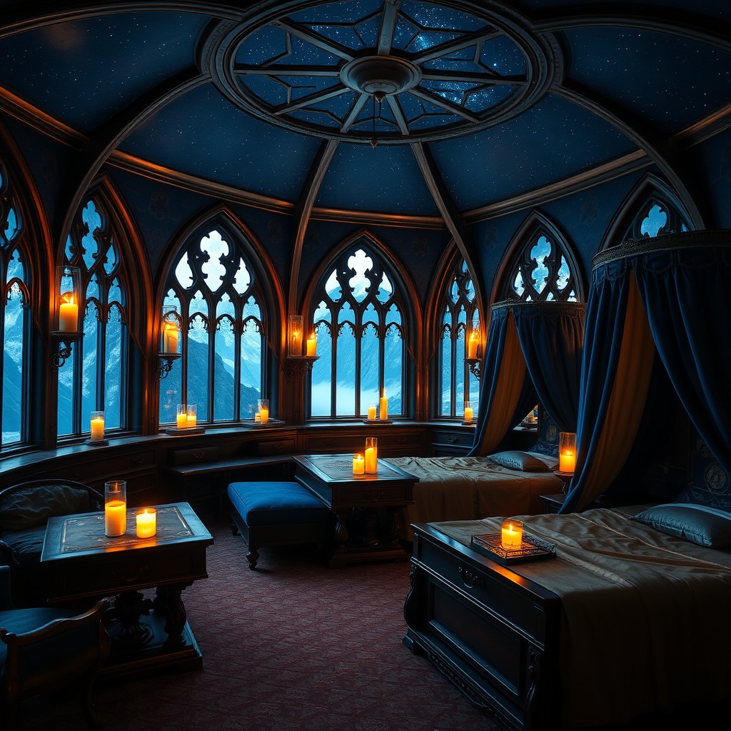 A cozy Ravenclaw dormitory in Hogwarts featuring blue and bronze tones, with a starry ceiling and arched windows that overlook majestic mountains