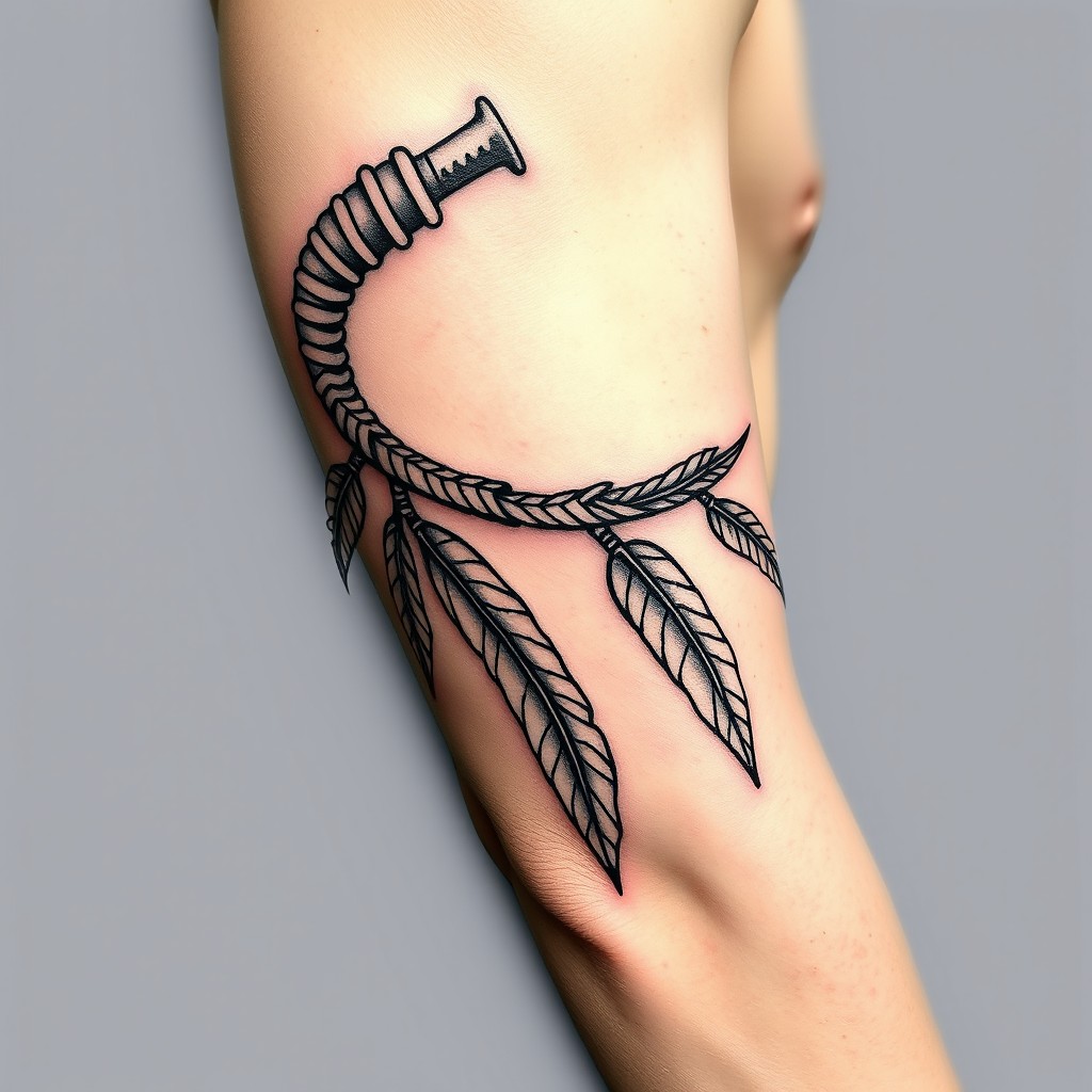 A tattoo design featuring a whip shape elegantly wrapping around the arm and chest, integrating soft, feathery elements that cascade along the length of the whip