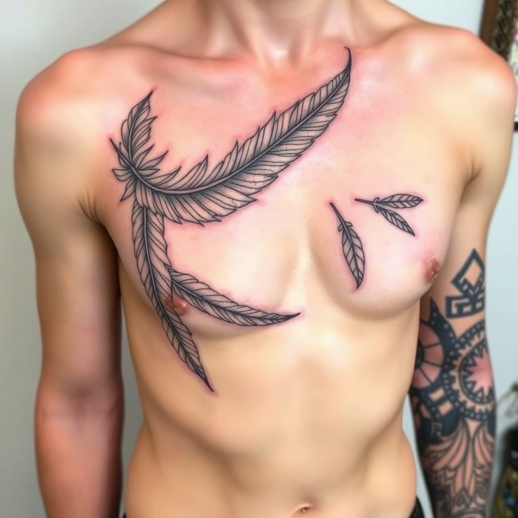 A beautiful tattoo design featuring a featherwhip wrapping elegantly around the right chest and shoulder, extending to encircle the upper arm