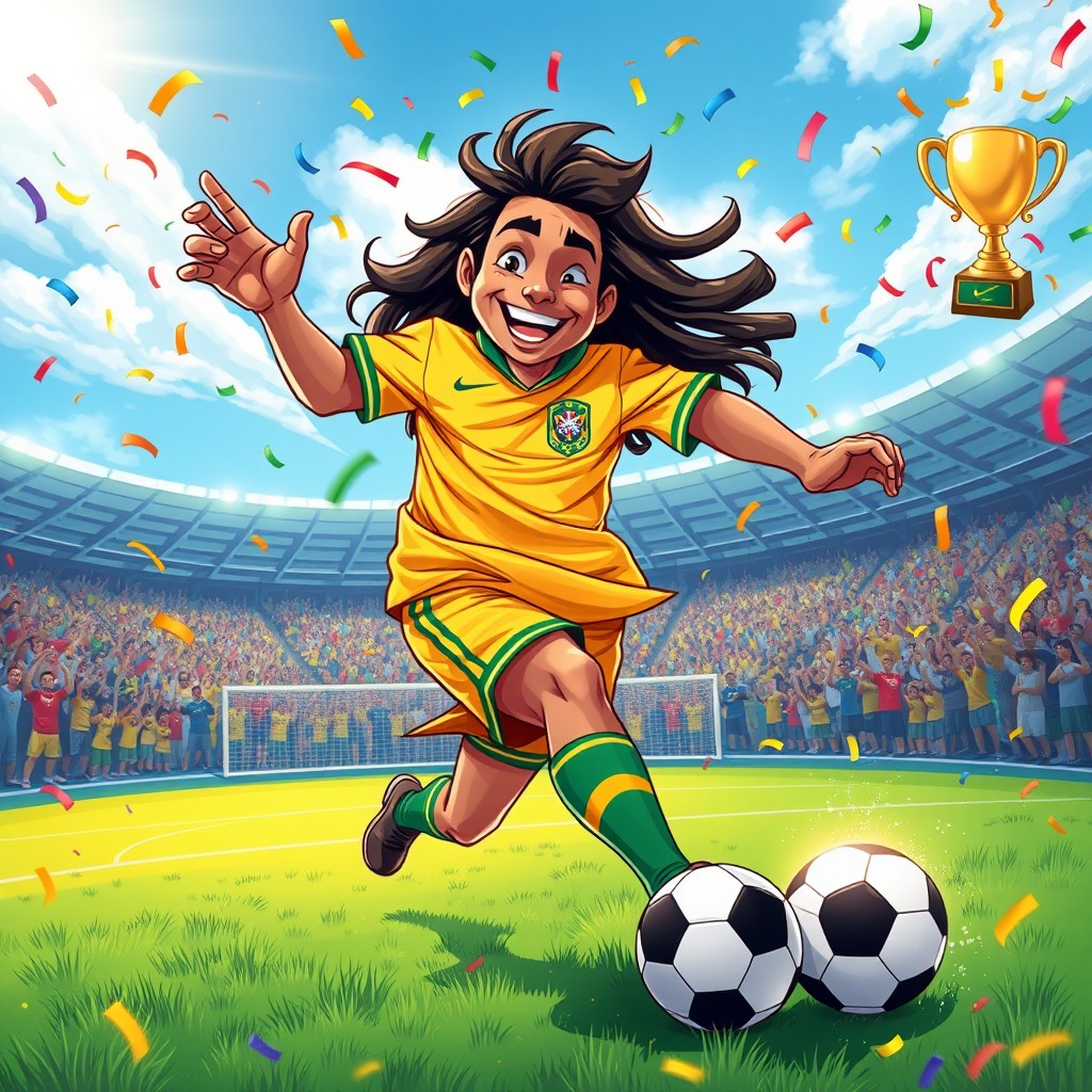A vibrant and dynamic illustration featuring Ronaldinho, the famous Brazilian football player, showcasing his iconic long hair and charming smile