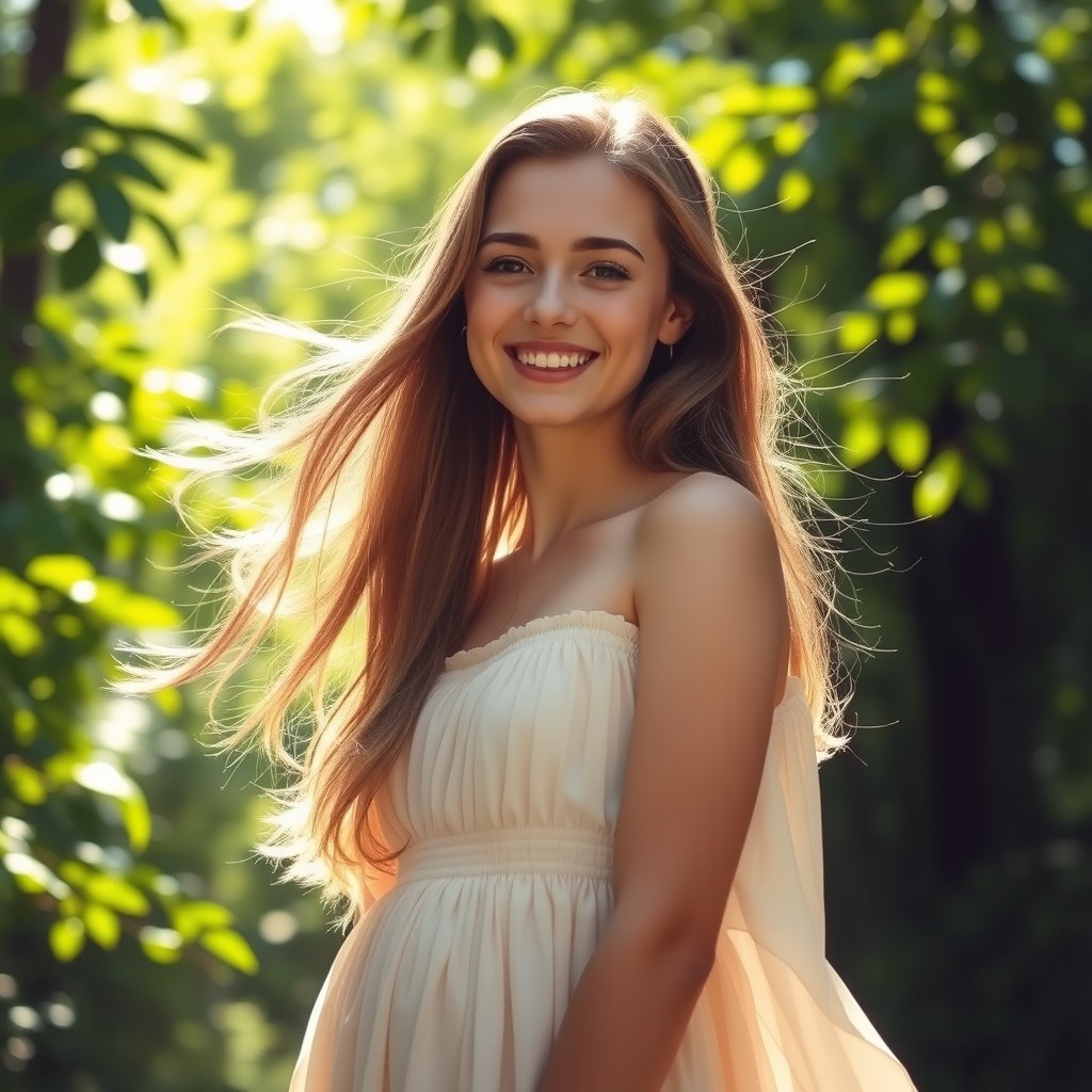 A portrait of a young woman with long flowing hair, standing in a sunlit forest
