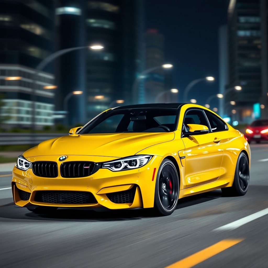 A striking BMW M4 F82 in Austin Yellow, showcasing its sleek lines and aggressive stance