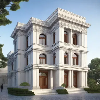 The modern building design regresses to a more traditional style, incorporating elements of classical architecture.