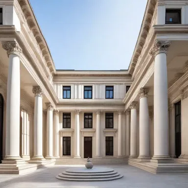 The modern building design regresses to a more traditional style, incorporating elements of classical architecture.