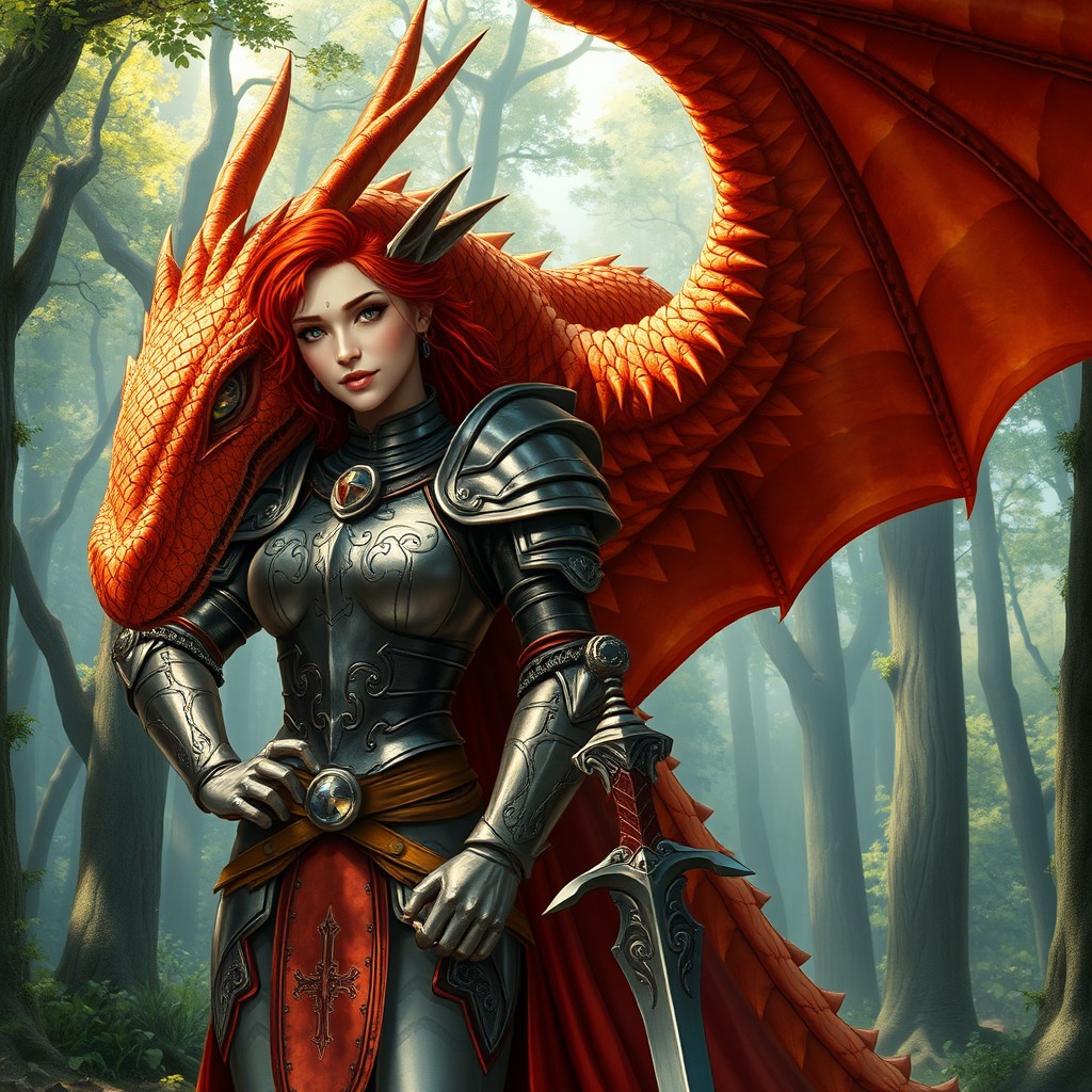 A strong female knight with vibrant red hair, dressed in shining armor, standing confidently beside a majestic dragon covered in shimmering copper scales