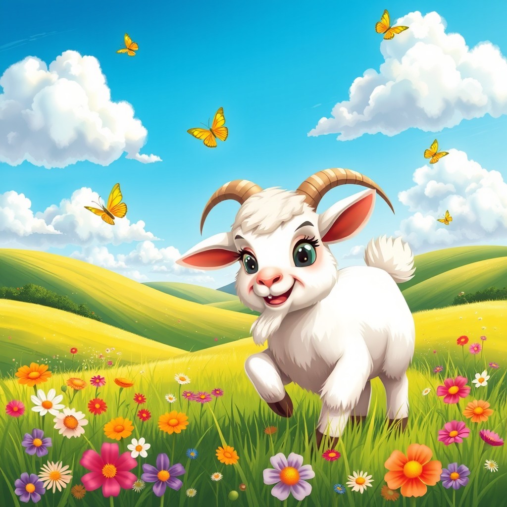 A whimsical scene featuring a playful goat in a lush green meadow, surrounded by colorful wildflowers and gently rolling hills