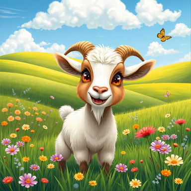 A whimsical scene featuring a playful goat in a lush green meadow, surrounded by colorful wildflowers and gently rolling hills