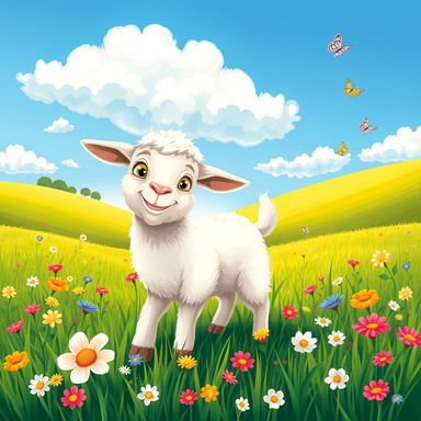 A whimsical scene featuring a playful goat in a lush green meadow, surrounded by colorful wildflowers and gently rolling hills