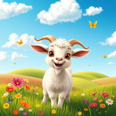 A whimsical scene featuring a playful goat in a lush green meadow, surrounded by colorful wildflowers and gently rolling hills
