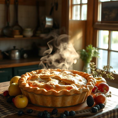A deliciously crafted pie on a rustic wooden table, surrounded by fresh fruits like apples and berries