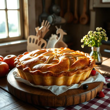 A deliciously crafted pie on a rustic wooden table, surrounded by fresh fruits like apples and berries