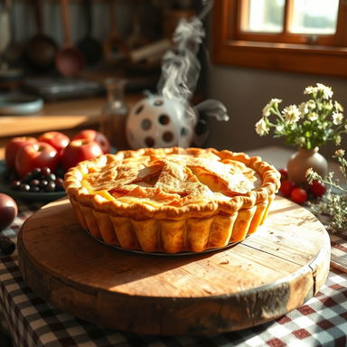 A deliciously crafted pie on a rustic wooden table, surrounded by fresh fruits like apples and berries