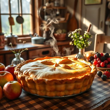 A deliciously crafted pie on a rustic wooden table, surrounded by fresh fruits like apples and berries