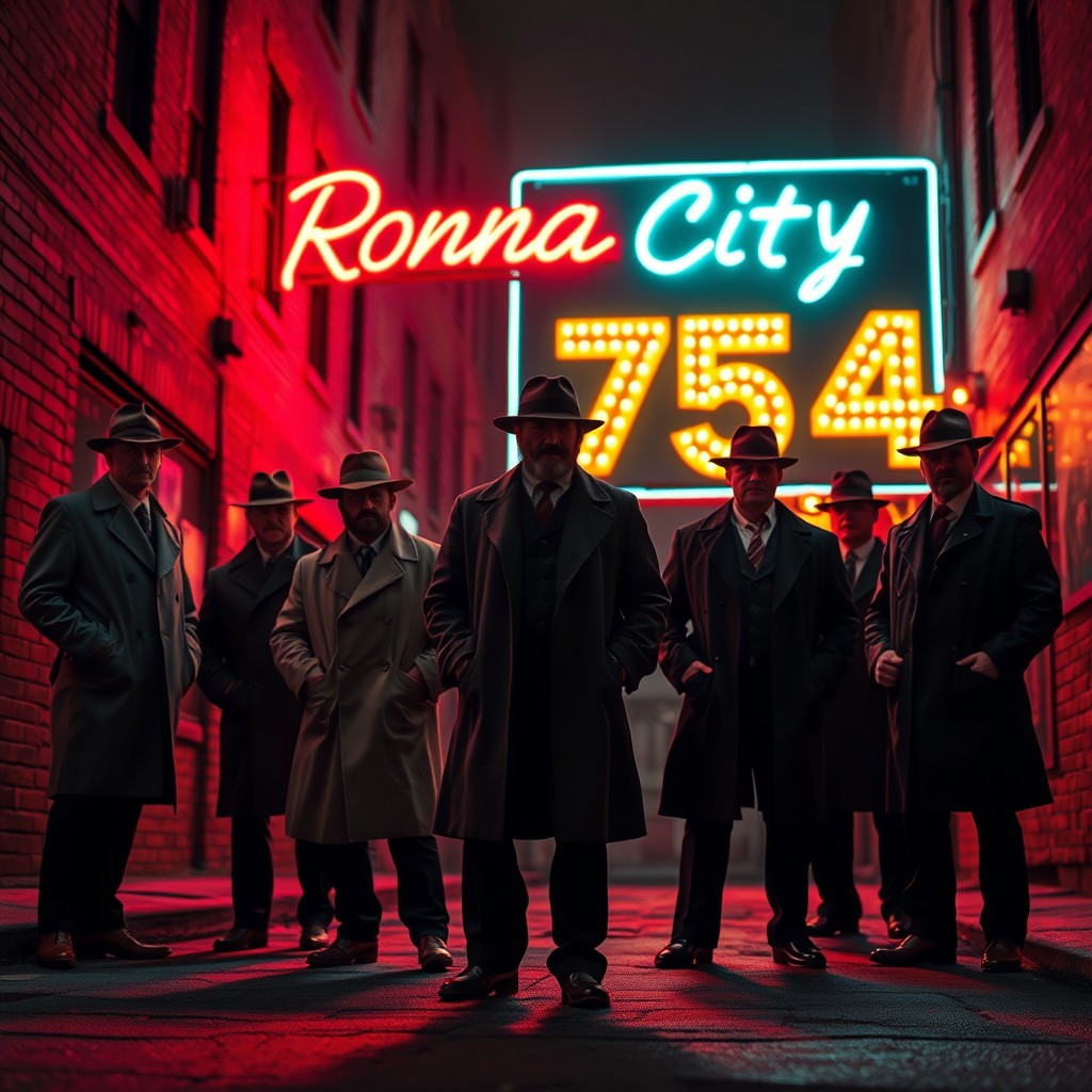 A dramatic scene depicting a group of gangsters standing confidently in a gritty urban environment