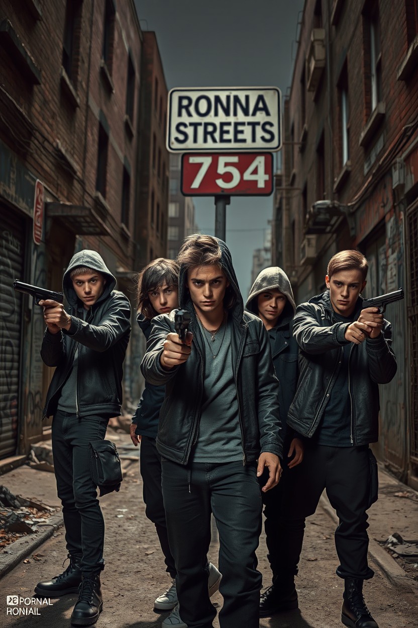 A gritty urban scene depicting a group of young criminals, styled with an edgy look, confidently holding pistols