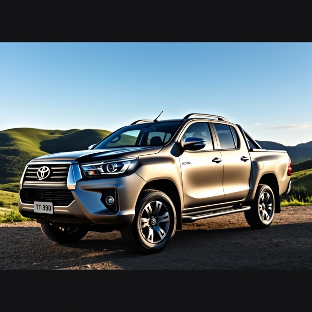 A 2018 Toyota Hilux parked in a stunning outdoor setting, surrounded by lush green hills and clear blue skies