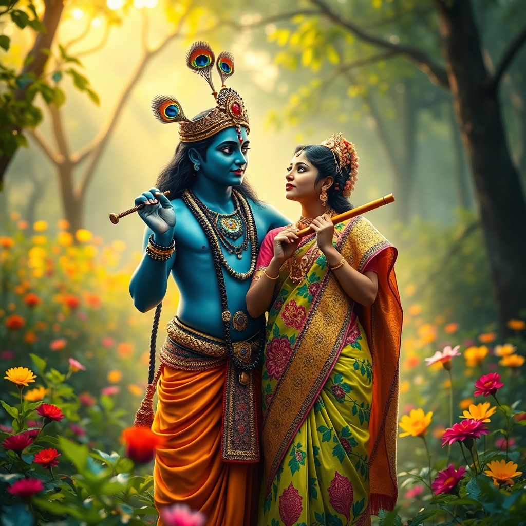 A divine scene depicting Lord Krishna, with his enchanting dark blue skin and peacock feather crown, protecting a beautiful Hindu girl dressed in a vibrant traditional saree adorned with intricate patterns