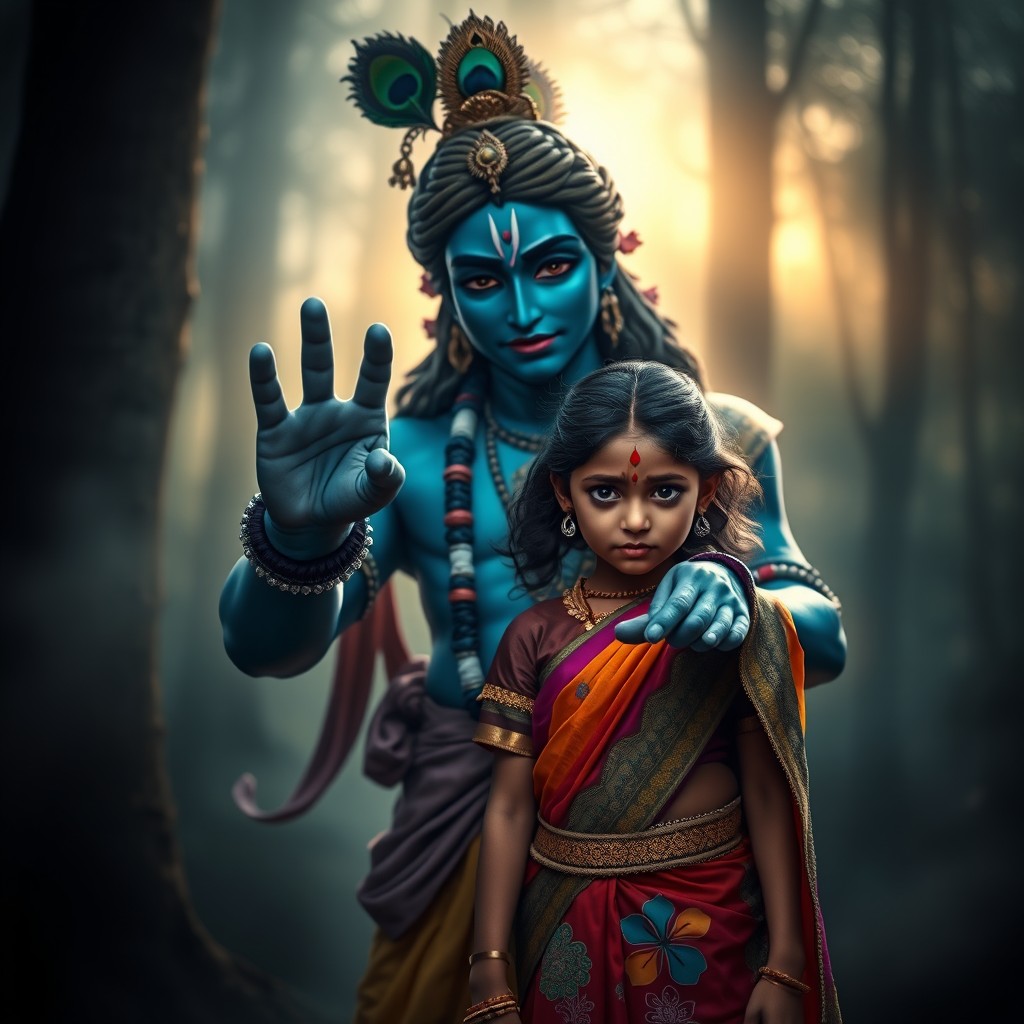 A dramatic and emotional scene featuring a frightened Hindu girl with expressive eyes, dressed in a colorful traditional saree, standing close to the divine figure of Lord Krishna