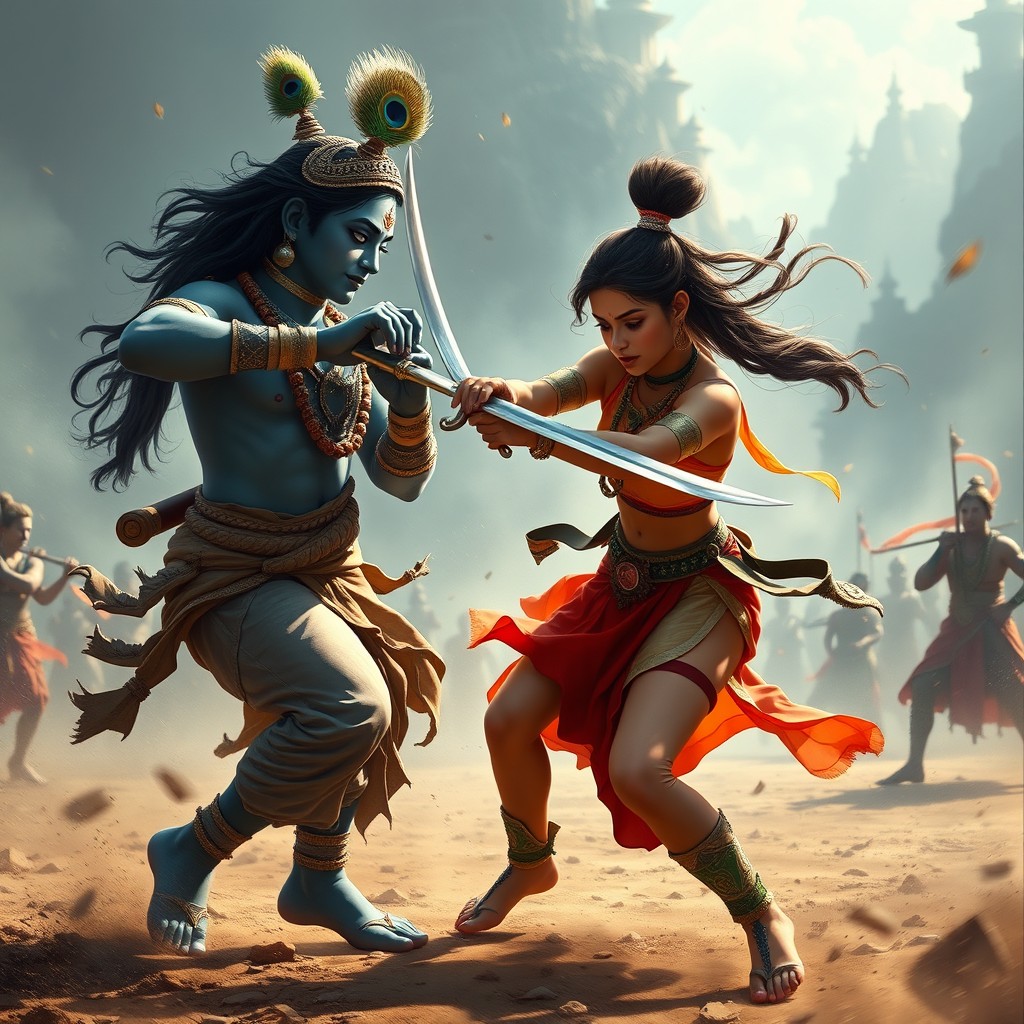 An action-packed scene depicting a skilled Hindu girl engaged in an impressive sword fight with Lord Krishna