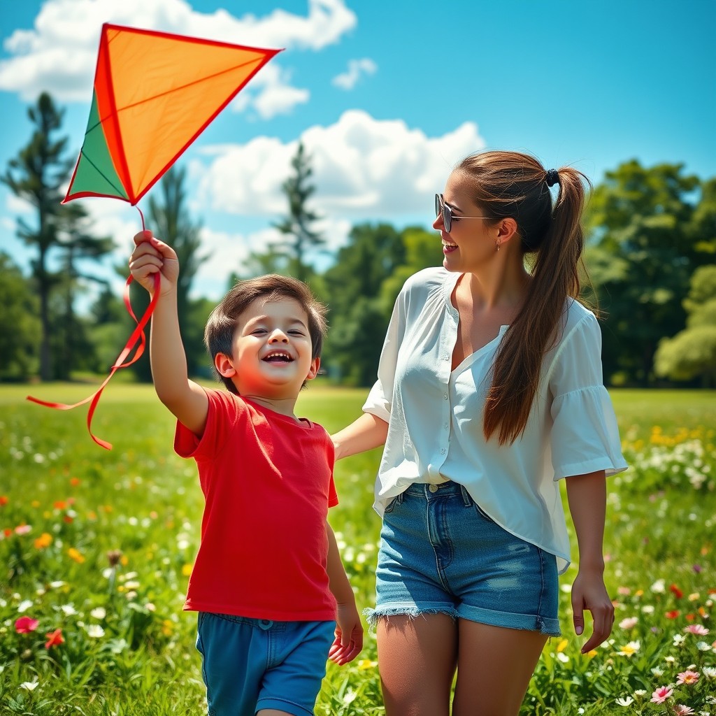 A heartwarming scene depicting a mother and son enjoying a sunny day at the park, sharing a moment of laughter while playing with a colorful kite