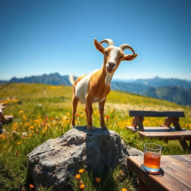 A playful goat standing atop a rocky outcrop, surrounded by vibrant green grass and wildflowers under a bright blue sky