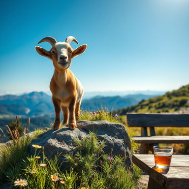 A playful goat standing atop a rocky outcrop, surrounded by vibrant green grass and wildflowers under a bright blue sky