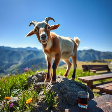 A playful goat standing atop a rocky outcrop, surrounded by vibrant green grass and wildflowers under a bright blue sky