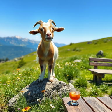 A playful goat standing atop a rocky outcrop, surrounded by vibrant green grass and wildflowers under a bright blue sky