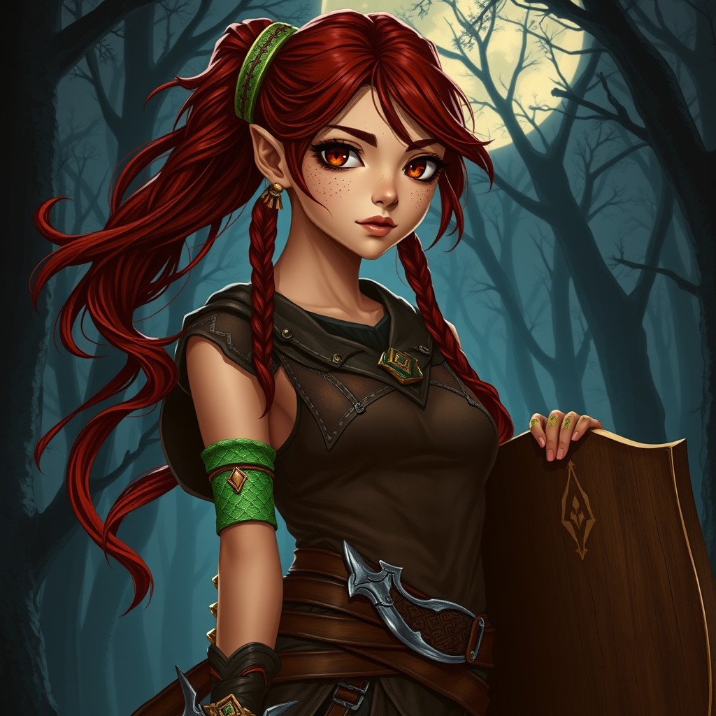 A full-height character design for a D&D game: a pure-blood Yuan-ti young woman with peachy skin tone, featuring scales on her hands and cheeks in emerald and chestnut colors