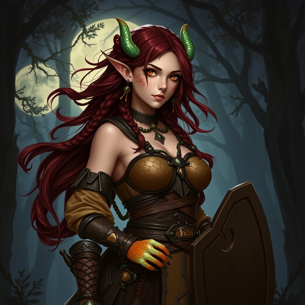 A full-height character design for a D&D game: a pure-blood Yuan-ti young woman with a light peach skin tone, adorned with scales on her hands and the outer sides of her cheeks in emerald and chestnut colors