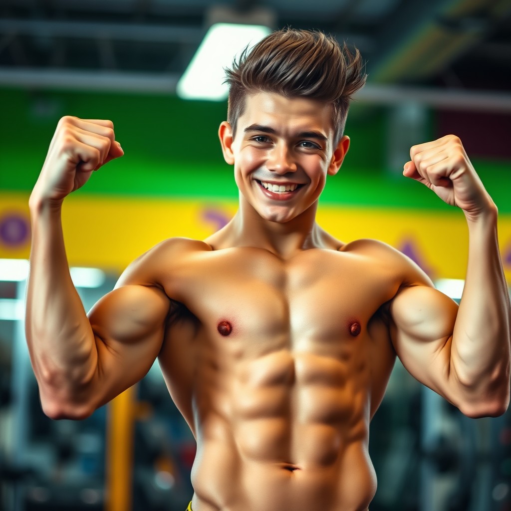 A muscular twink striking a confident flexing pose, showcasing toned arms and abs