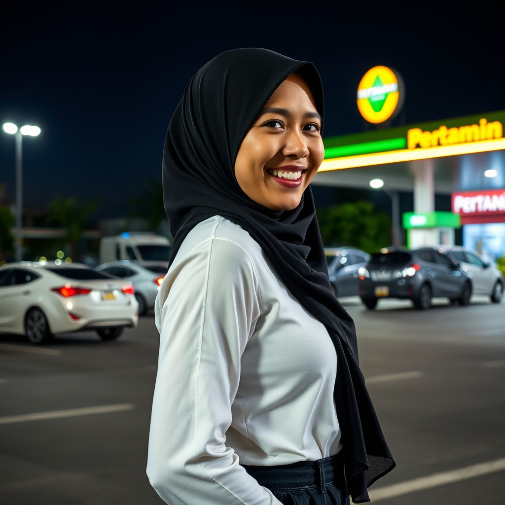 A hyper-realistic portrait of a 25-year-old Indonesian woman, showcasing traditional Javanese features, wearing a black hijab and tight black cut-bray pants