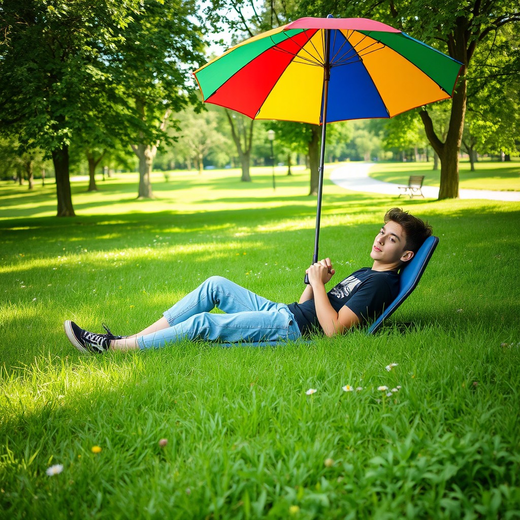 An individual relaxing in a serene park area under a colorful umbrella