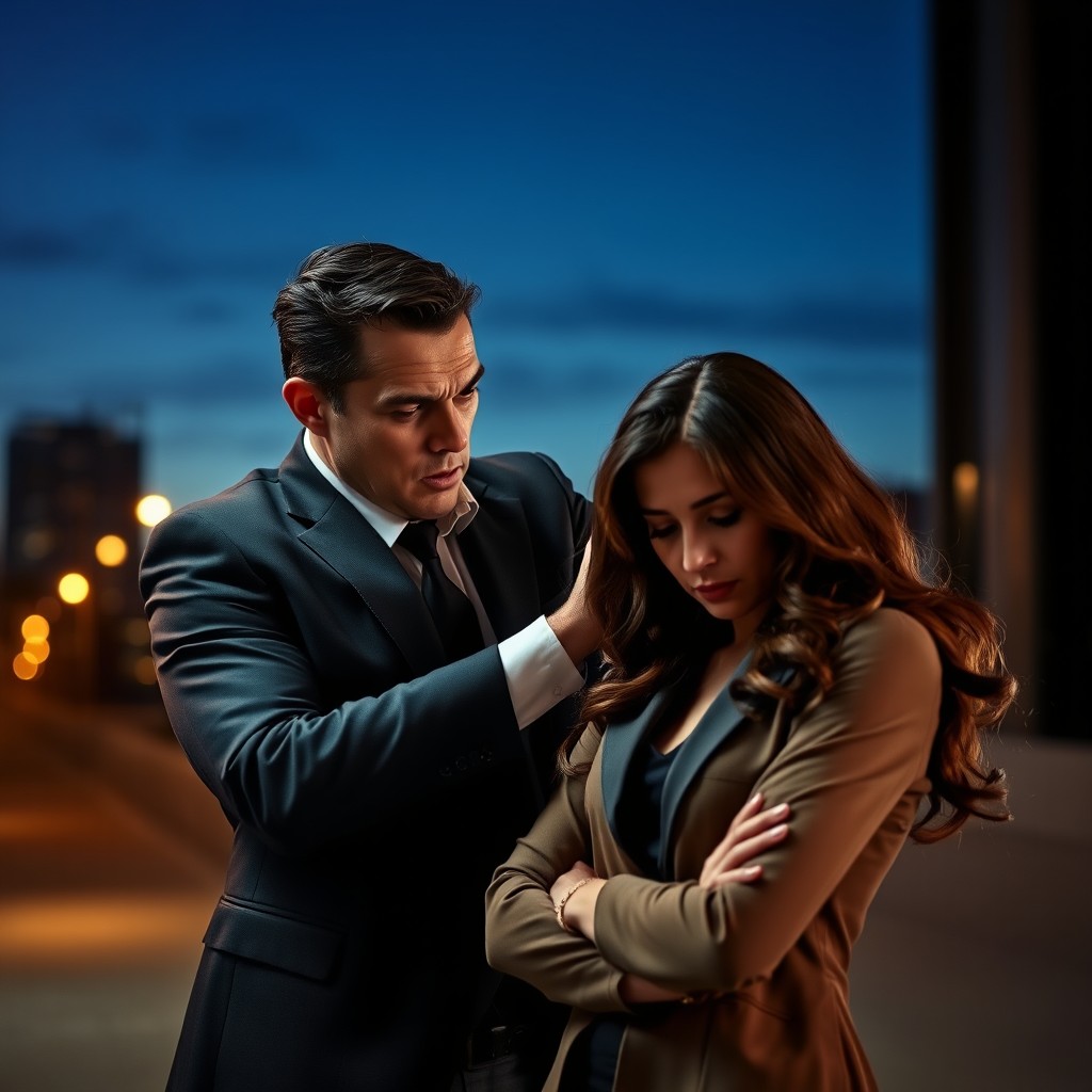 A dramatic scene depicting a manipulative man assertively controlling a woman, showcasing a tense interaction