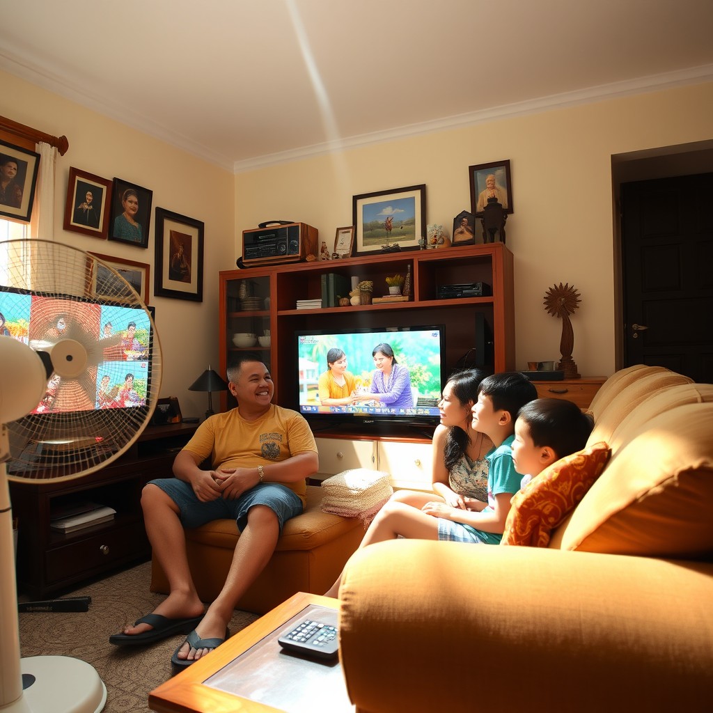 A warm, cozy living room filled with a Filipino family enjoying their time together