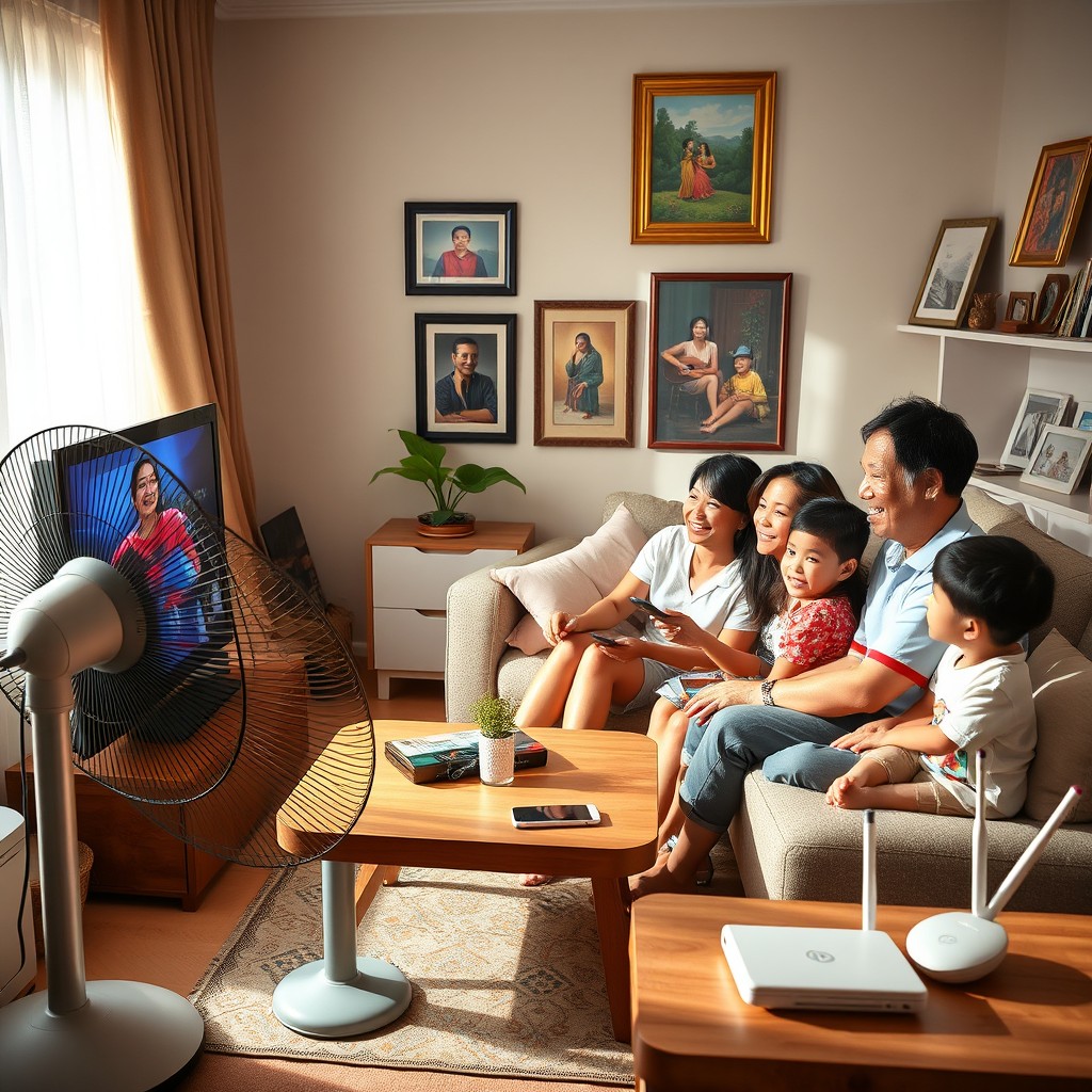 A vibrant living room where a Filipino family is happily gathered around watching a television