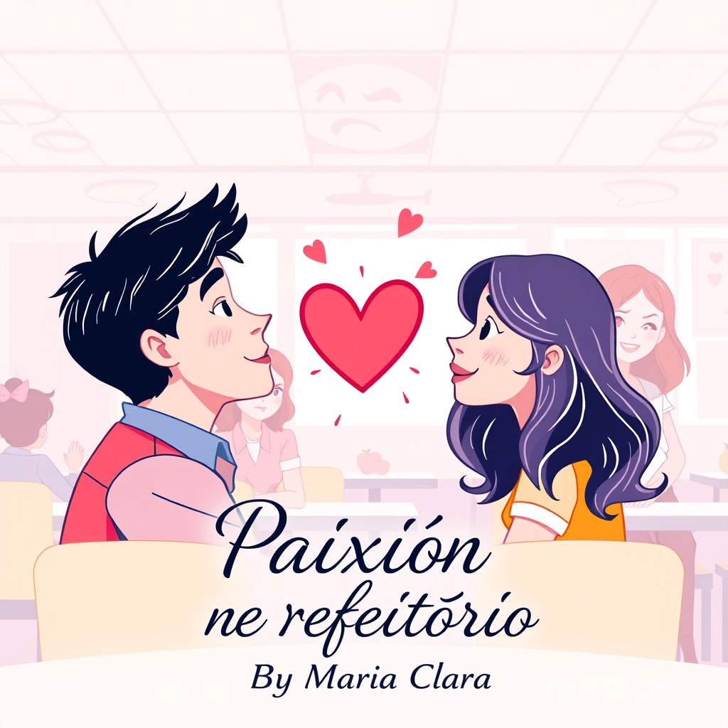 A vibrant book cover design for a teenage romance titled 'Paixão no Refeitório' with the subtitle 'By Maria Clara' in small, elegant cursive font below the main title