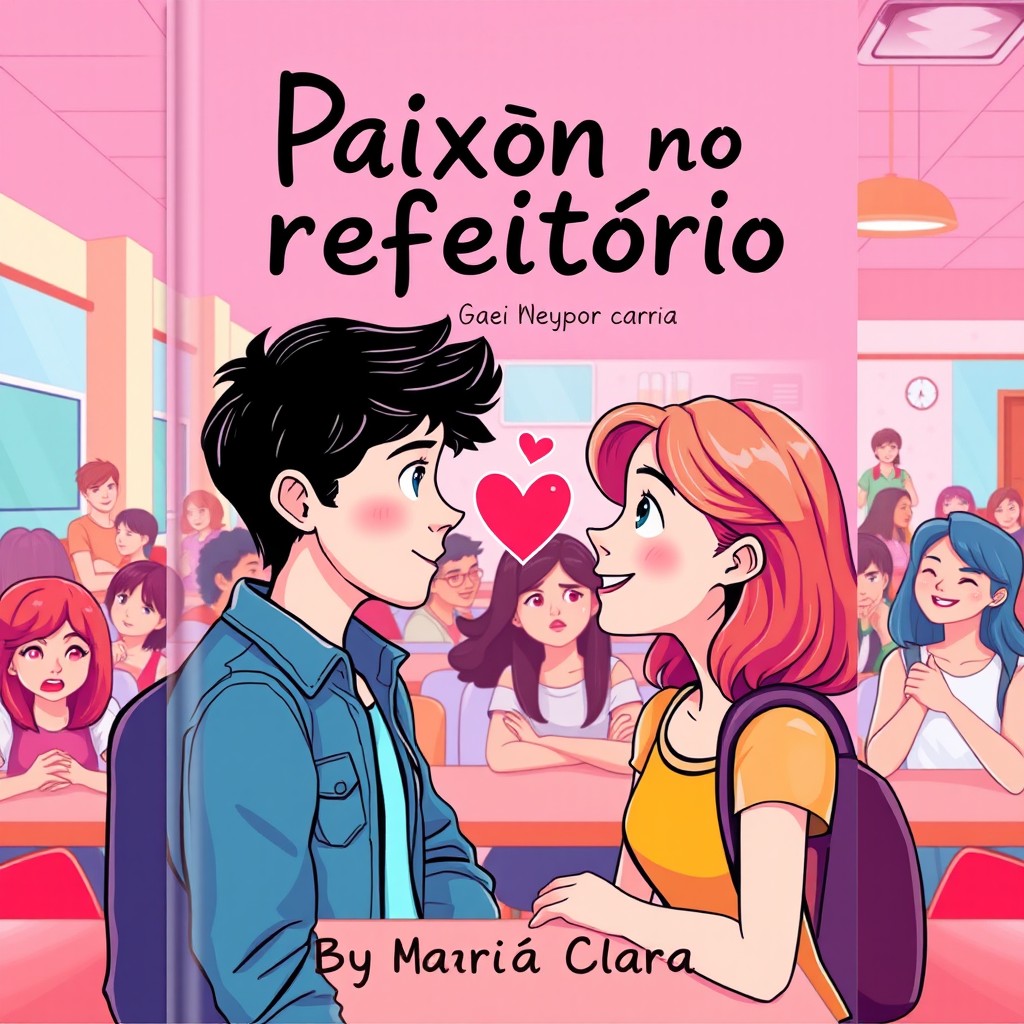 A colorful book cover design for a teenage romance titled 'Paixão no Refeitório'